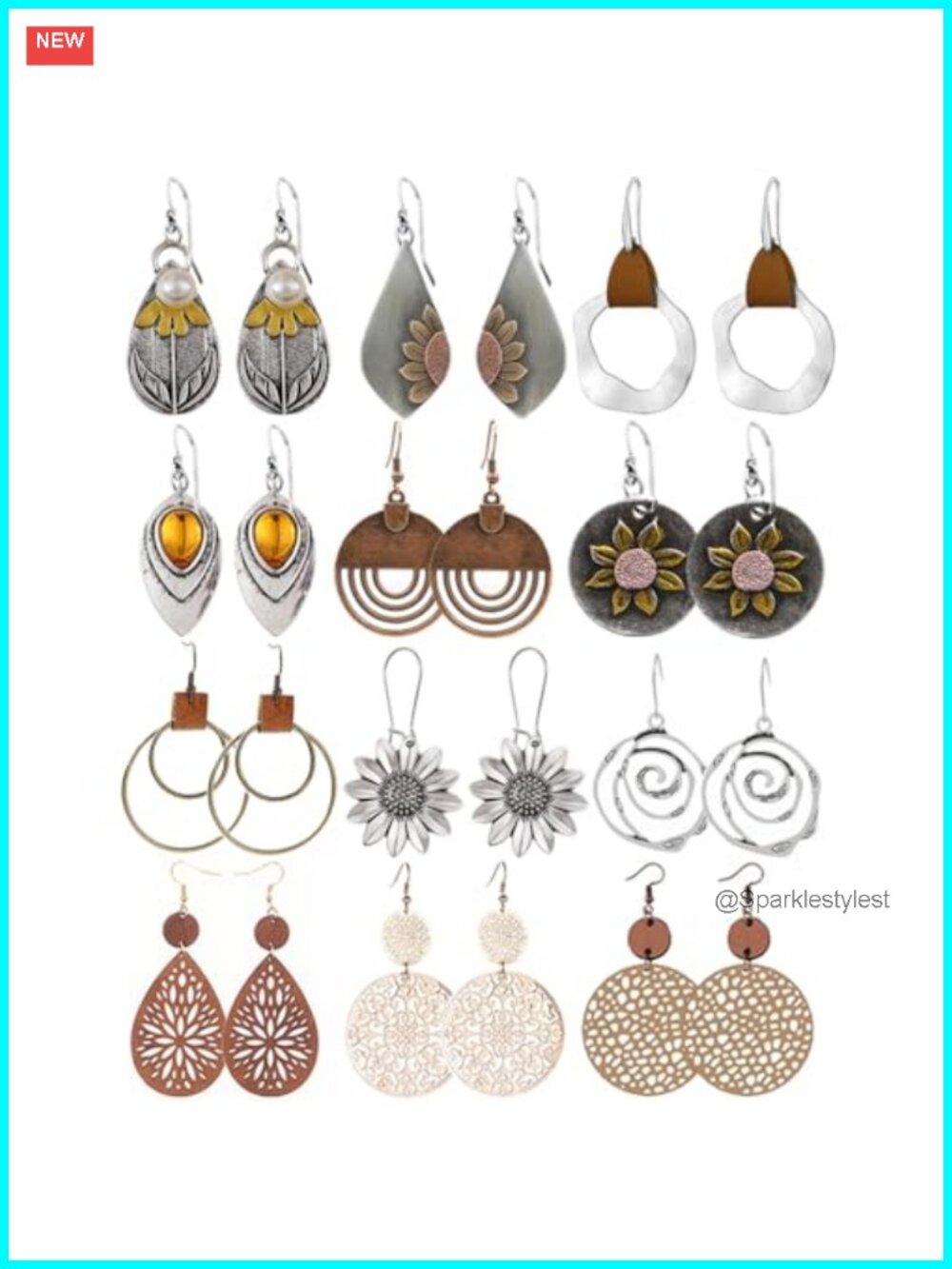 12 Pairs Boho Vintage Geometric Round Earrings Wooden Leather Ethnic Style